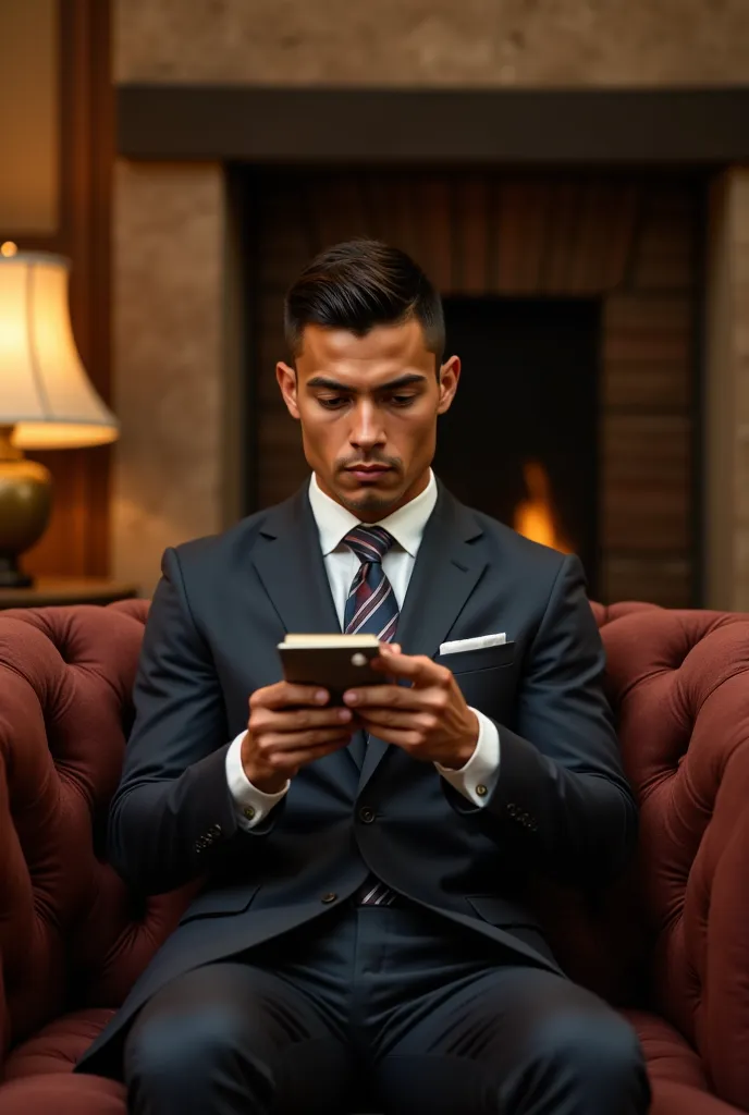 ronaldo in a suit, small head, extremely detailed skin, reading seated on sofa, in front of fireplace, blurred background.