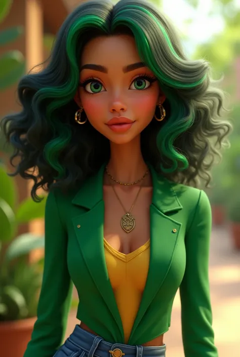 Female avatar with Brazilian ethnicity with highlighted green colors called Iara animation style dressed in a green blazer 