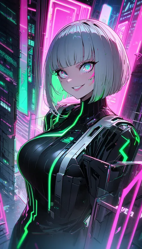 8K,bestquality,a beatiful young woman,silver bobcut hair,large breast,grin,cyberpunk,black bodysuits,she has a green light sord,tall woman,pink neon light,sharp eyes,night city,dynaic pose