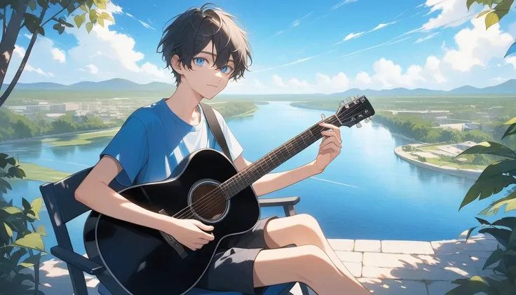  a teenage boy，blue eyes， sitting in a chair ,A teenage boy holding a guitar  ,River Background, 