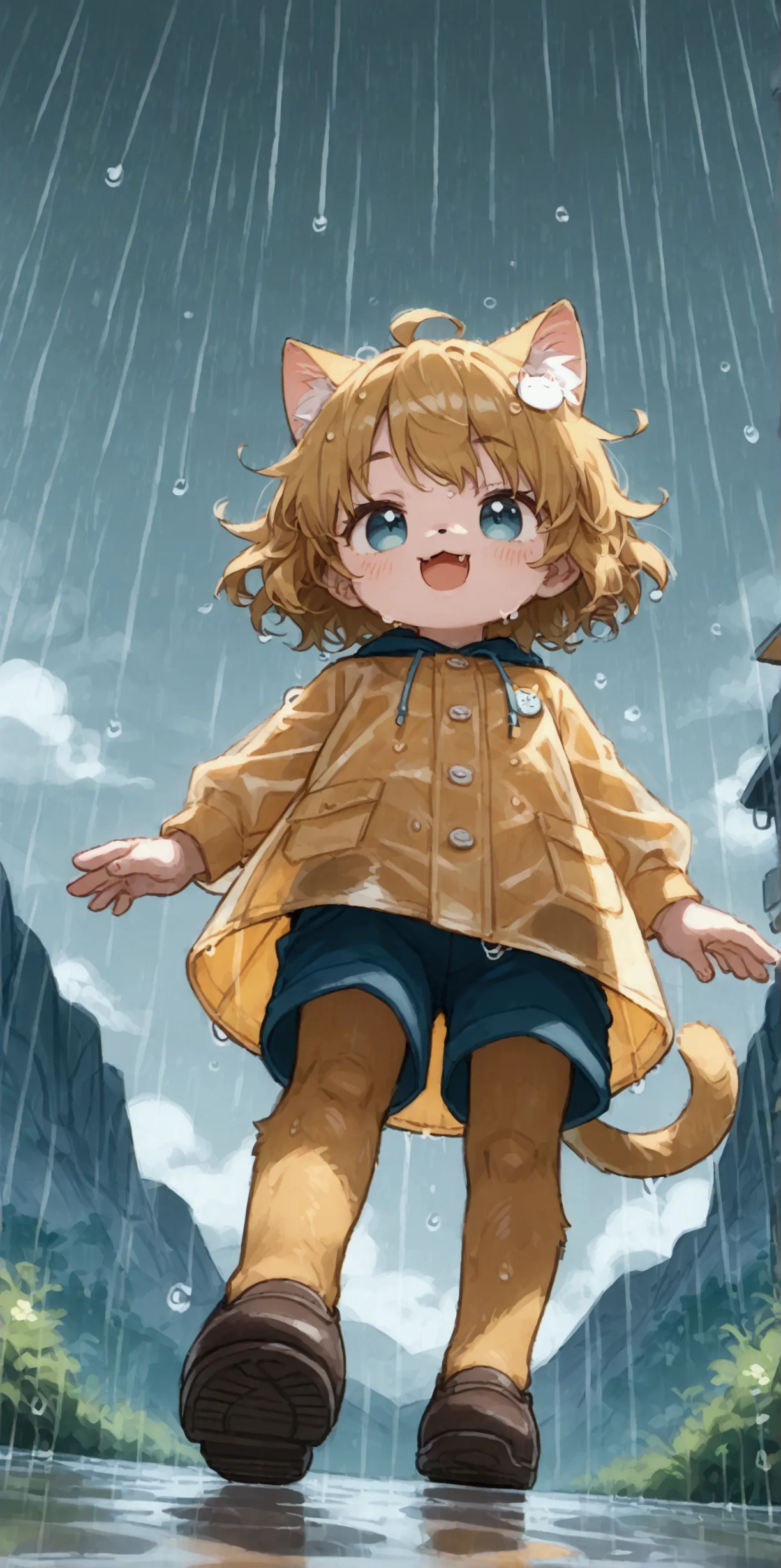 heavy storm,wind,(heavy rain:1.5), (big raindrops:1.5), (rainy sky:1.5),(many rain ripples:1.3). 1girl/((catgirl:1.3),(furry:1.2...