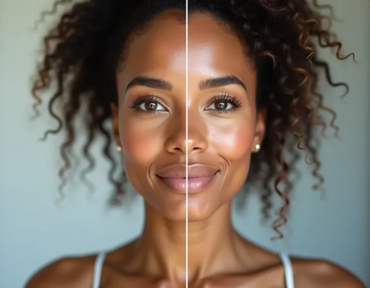 An image of a Brazilian woman, 49 years old, with her face divided vertically down the middle to highlight a striking before and after transformation.

Left Side (Before):
The left half of her face shows morena clara (light brown) skin with visible imperfe...