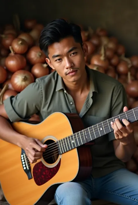 A handsome 35-year-old Indonesian boy playing his guitar next to a pile of onions