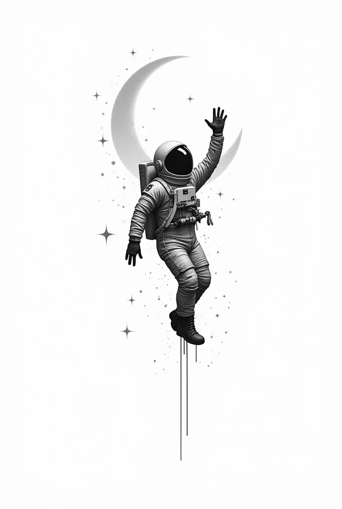 Tattoo outline of a falling astonaut with left hand touching a crescent moon (white background with stars and planet on the background)