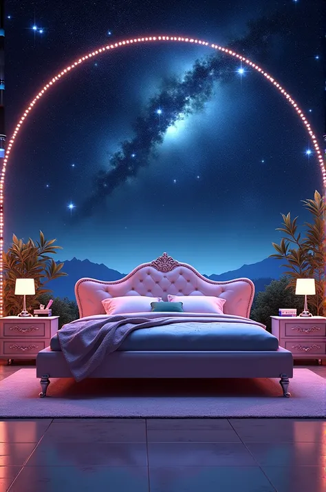 Create the most beautiful room possible bowling bed with a starry sky