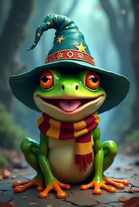 Draw a frog wearing a sorcerers hat and a griffindors scarf with its mouth open 