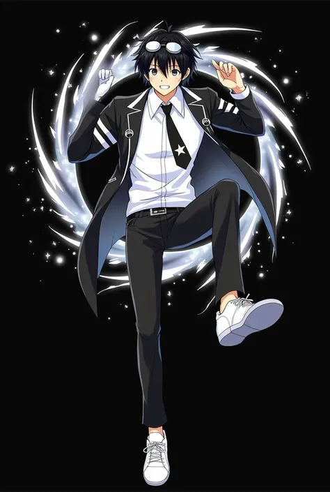 Shinichi Sakurai smiling on a black background with a white shirt and black jacket with two white stripes on each sleeve of his hands and white swimming goggles with black visors hanging right around his neck and a black tie with a white star in the middle...