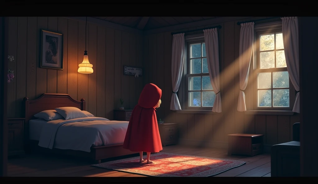 IN THE ROOM OF THE COTTAGE  (WITH LITTLE LIGHT) WHERE Little Red Riding Hood found her grandmother pale IN THE COTTAGE and mumbling incoherent words, cartoon, best quality, 500px, cgsociety, 8k, raw photo (nice: 1.2), ambient light, backlight, volumetric l...