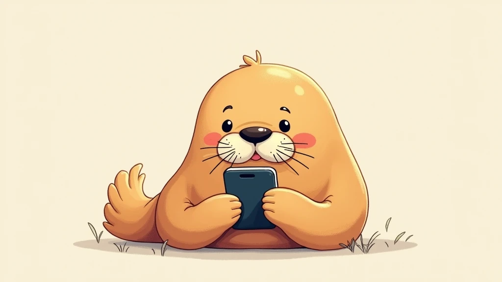 Cute illustration of a walrus making a phone call on a smartphone