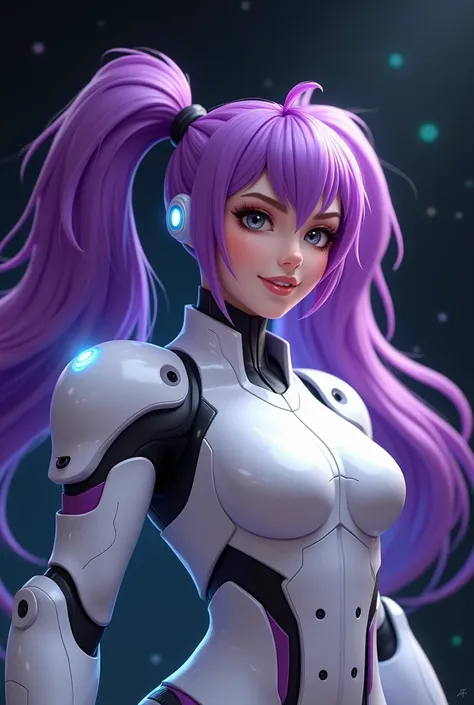 real photo of a semi curvy built woman with super long vibrant purple flowy double ponytails, wearing a nana inspired outfit (mecha baby skin) from the game mobile legends (white mechanical suit with minimal black details), cute semi sideview pose, looking...