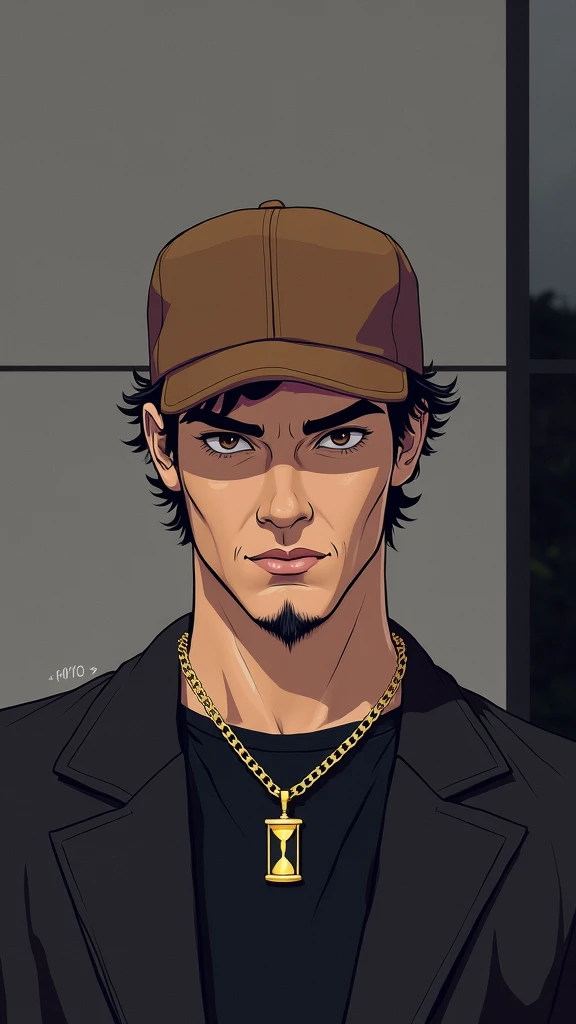  Make a male character with the same face ,  put on an hourglass and put on the TikTok background, with a brown cap and chain around the neck  