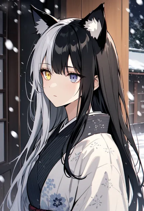 cat ears, japanese clothes, split-color hair, heterochromia, yellow eye, snowing, [[[[[expressionless]]]]], long hair, white and black hair, adult