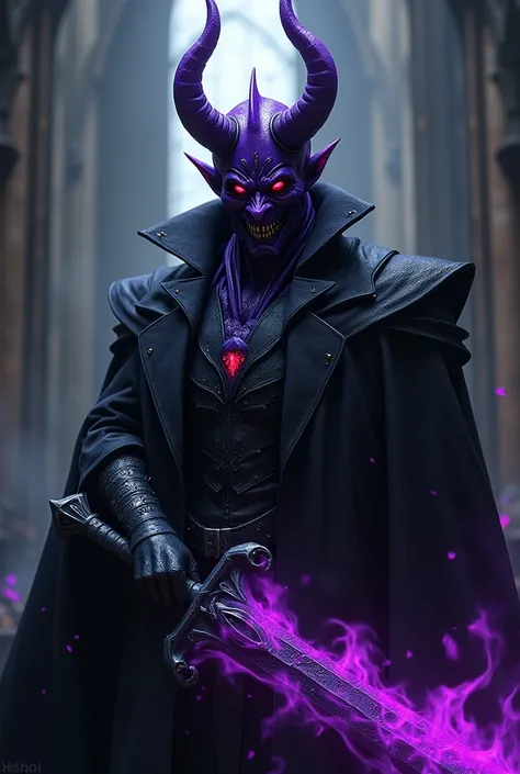 A purple and black villain who looks like a demon and wears a devil mask and who has a black sword with purple flames with a mask of the devil Pillarena and without horns 
