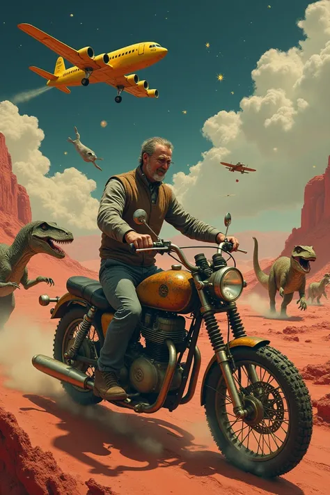  A man turning into an old motorcycle with several dinosaurs running from the police car  , Golden plane in the sky with bean-shaped stars  ,  in the background there is the Red Sea and Moises opening it with his umbrella staff and letting all the strange ...