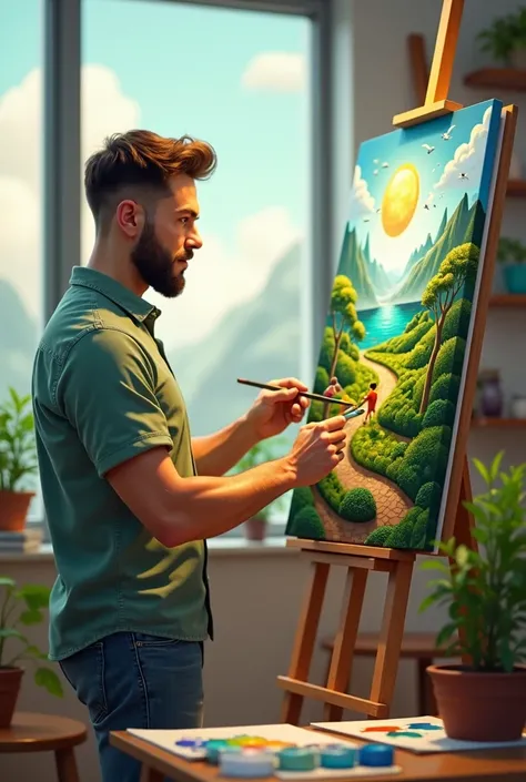 An animated video of a man who is painting an oil painting of people taking care of the environment