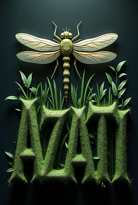 The 3D name uses dragonflies that contain grass, the color of the letters is Gothic, Name ( AZMIATI )