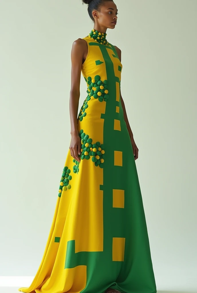 beautiful thin woman,  dressed in a yellow and green dress, bright yellow and opaque green of medium depth,  geometric print with balls and rectangles arranged in an irregular shape ,  a garment with characteristics of the artists archetype , a unique and ...