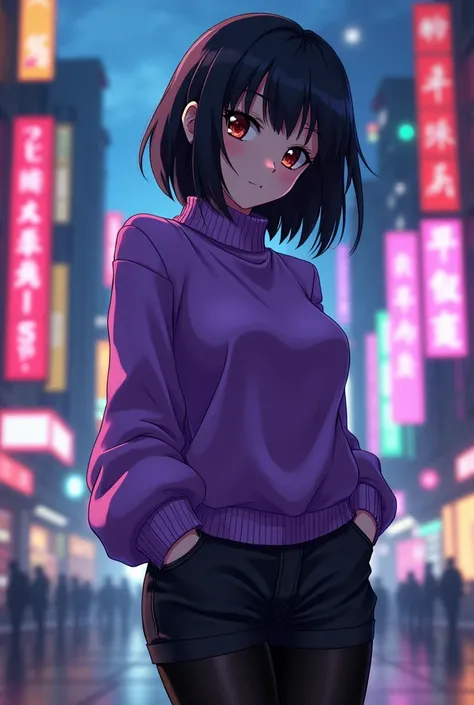 Soi fon de bleach , with a casual style ,  wearing a purple sweater and black pantyhose ,  detailing her slender figure ,  in the background of a colorful neon-style technological city. High resolution,  masterpiece, necessary,  Anatomically Correct ,  Bes...