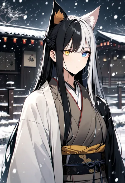 cat ears, japanese clothes, split-color hair, heterochromia, yellow eye, snowing, [[[[[expressionless]]]]], long hair, white and black hair, adult