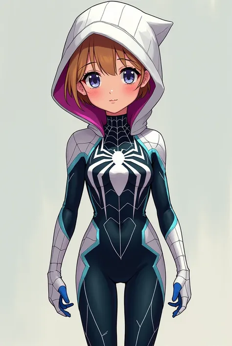 girl, anime, adolescent, dressed as Gwen Stacy , His costume consists of a black suit with white areas that form a spider pattern ,  a white hood with a magenta inner lining with cyan net patterns ,  matching white and cyan designs on her upper arms and cy...