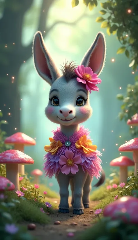 "A baby donkey wearing a colorful floral outfit, standing in a magical forest. The donkey foal has soft gray fur, and the outfit is decorated with vibrant flowers in shades of pink, purple, and yellow. The forest is enchanted, with glowing mushrooms, spark...