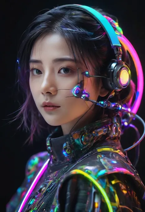  Portrait、abyss、Shooting with a wide-angle lens,Lightning from Kaleidoscope Hand、flying though the air、flawless、Neon light, 8k, raw, Best Quality, masutepiece, 超A high resolution, Colorful, (medium wide shot), (Dynamic perspective), sharp focus , (depth of...