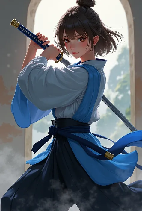  A samurai woman with short shoulder-length brown hair, senos medianos, round body brown eyes ,  white skin , in defensive position with two swords with blue and white kimono and black hakama