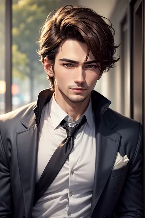  A man in a jacket is looking at the camera, Handsome and charming的脸庞, perfect  handsome face , Handsome and charming的逼真形象, Super Realistic Face , Handsome and charming,  pretty face,  handsome face  and beautiful face,  Handsome Male ,  high quality portr...