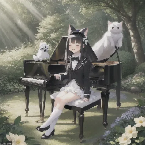 master piece, ultra detailed, hyper realistic, Fluffy and cute Cait Sith, Sit in a chair and play the piano, miniature tuxedo, tiny top hat and bow tie, enchanted forest, Close your eyes while listening to calm music, flower field, a forest with sunlight f...