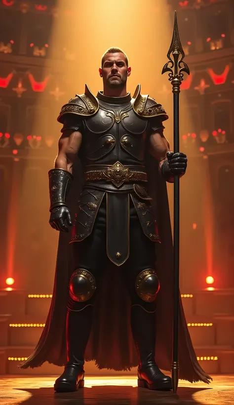 A man with fair skin, short hair and intense eyes is in the center of a stage lit in the "Got Talent" style, shown full body. He wears medieval black leather armor with gold trim, and holds a decorative spear in his hand. His posture is imposing, as if he ...