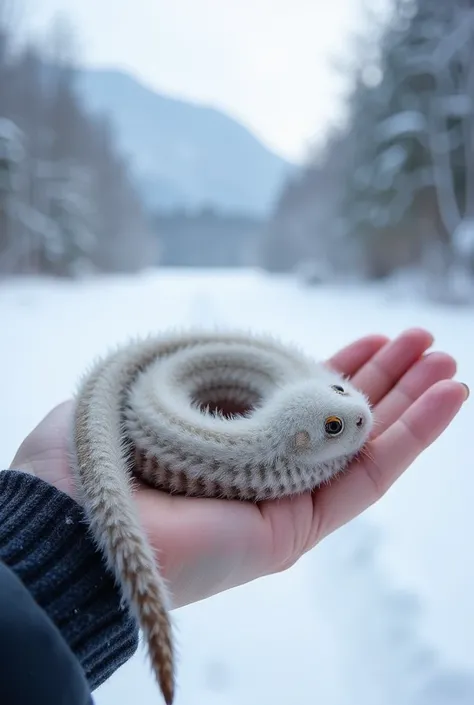  in the winter scenery where snow dances 、 a striped eel with white feathers gently rests on the palm。Trees covered with snow in the background 々 and mountains in the distance 々It looks thin 、 you can feel the silence of a cold winter 。 striped eel has a r...