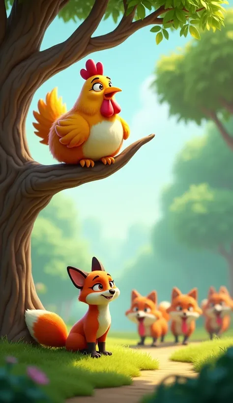 A hen was sitting on a tree, a fox was standing under it, and from a little distance, the Doshkari dogs were coming  3D cartoon 