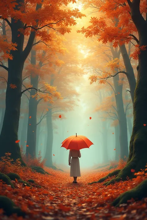 A forest in autumn with an umbrella 
