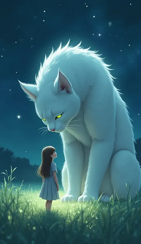 "A magical nighttime scene featuring a young girl with long brown hair standing in a grassy field under a starry sky. She is wearing a light gray dress and looking up at a majestic, enormous white cat with glowing green eyes. The cat, towering over her, le...