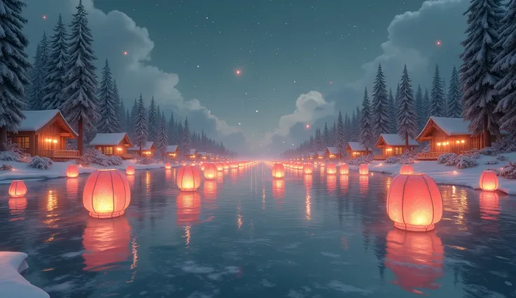 Create a serene scene of a lantern festival held on a frozen lake surrounded by snow-covered pine trees. Lanterns of various shapes and sizes are gently floating on the ice, casting beautiful reflections on the frozen surface. Some lanterns are drifting sl...