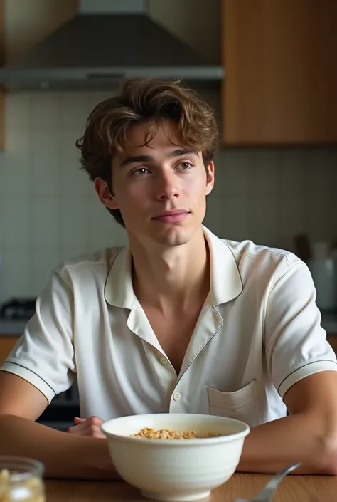 Selfie My 19-year-old son, short wavy untidy hair, I found him at the table with breakfast cereal in his polo pajamas Lauren at a fistanciase and I take the photo 