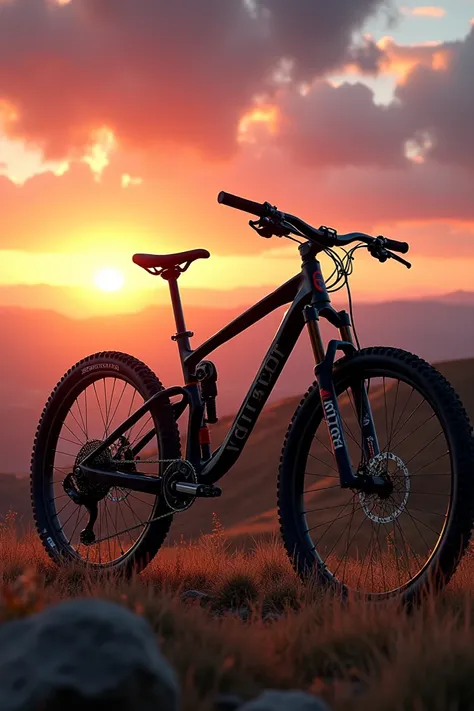 A mountain bike at sunset on the hill and that says Ángel Castellanos in the back