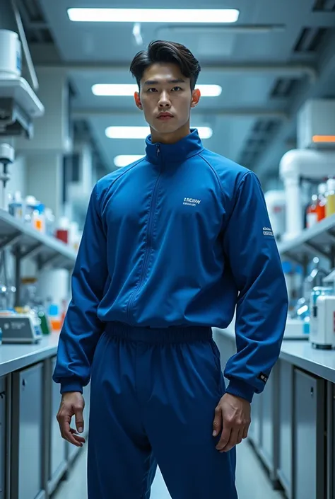 Tall man, athletic build, short hair, Korean eyes, Cobalt Blue, light skin,, Aurea imponente standing in a laboratory. 