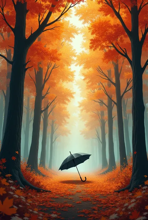 A forest in autumn with an umbrella on the ground 
