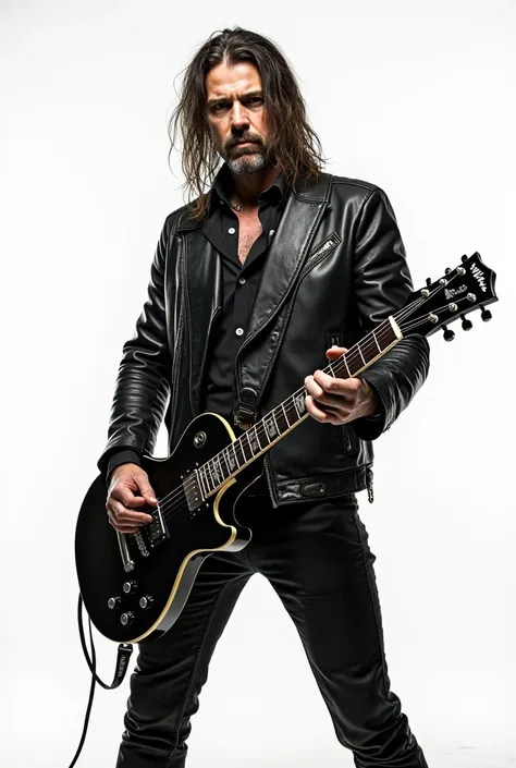 Rockers man with guitar,metal band,leather jacket,white background,front facing,close up,

