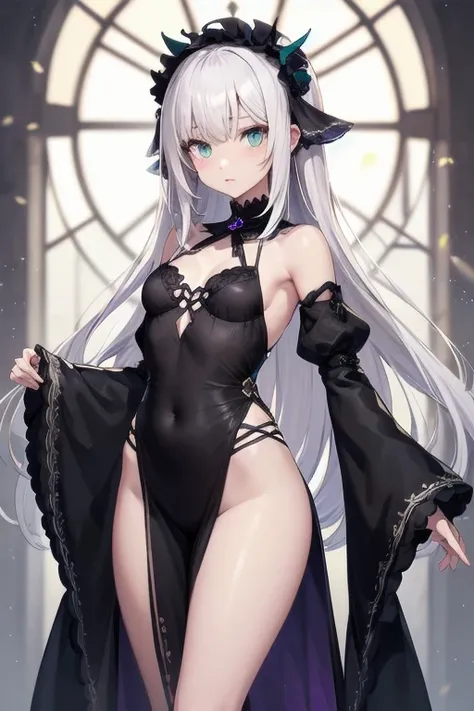 masterpiece, best quality, detailed eyes, 
1 anime girl, (cowboy_shot view), thighs, sharp,
white hair, long hair, aqua eyes, 
body, very small frame, small breasts, 
shiny skin, oily skin, reflective skin, 
[standing straight], necromancer, high fantasy, ...