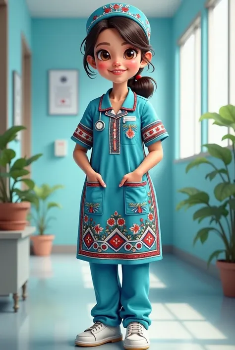 short haired female nurse in uniform blue suit wearing cartoon-style Mapuche clothing using trapelacucha 