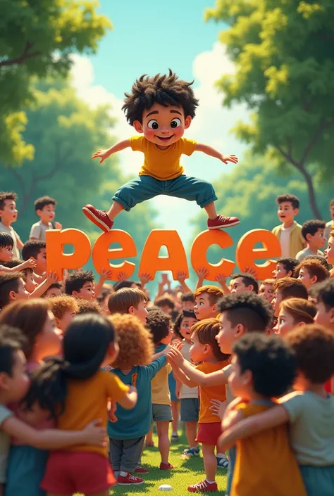 A poster with ren playing on top of the phrase "living in peace "  in Brazilian Portuguese with the phrase  "living in peace  em cima " com muitas criancas em um parque com a frase vivendo em paz português Brasil  com crianças  se abracando crianças  reali...