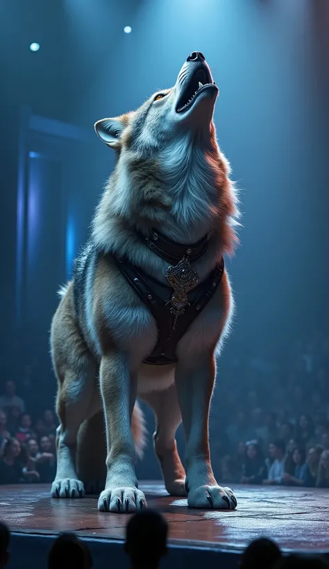 In the center of a stage lit by bluish and gray lights surrounded by a got talent audience, a colossal and intimidating figure emerges: a giant wolf. Its fur is dense and silvery, with eyes glowing in a mesmerizing golden hue. The creature exudes savage st...