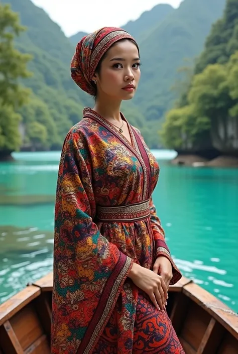 (photorealism:1.2), A beautiful young Indonesian fat hijab woman poses in the foreground wearing a batik kabaya cloth sitting on a sailboat in the middle of the beautiful sea in beautiful nature looks natural