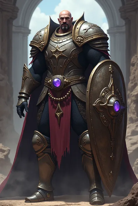 Knight of Colossus strong tall bald with a mustache no beard, And a big shield, little purple stone, are at the center  