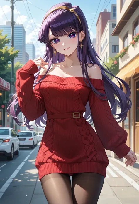 komi shouko, Purple hair, (Purple Eyes), earrings, gold hairband, shairband, Long hair, side locks, BREAK bare shoulders, clavicle, Dress, Long sleeves, off shoulders, Off shoulder dress, off-the-shoulder sweater, pantyhose, Red Sweater, Sweaters, sweater ...