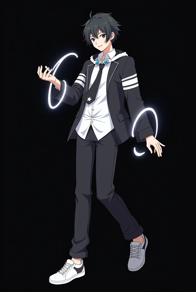 Shinichi Sakurai smiling on a black background wearing a white shirt and black jacket with two white stripes on each sleeve of his hands and white swimming goggles with black visors hanging right around his neck and a black tie with a white star in the mid...