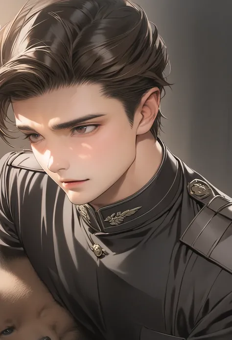  young male with brown droopy puppy ears and brown fluffy dog tail, half dog and half human, brown hair, brown eyes, wearing handsome black military garments, feminine facial features, shy, sexy, handsome, pretty boy, slender toned body, feminine ass, ligh...