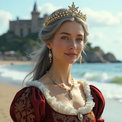 Women with grayish hair and some barely noticeable wrinkles and a tiara with pearls, wearing a black and silver tudor style dress standing in a beach with a castle behind her











